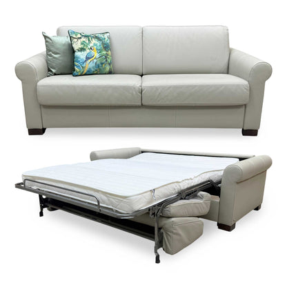 Nicoletti 'Alcova' Torello Tortora Grey Dark Feet Leather 2.5 Seater Sofa Bed with Scroll Arms