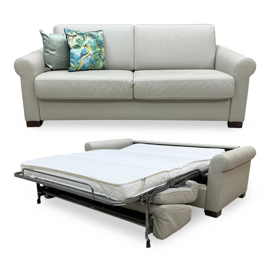 Nicoletti 'Alcova' Torello Tortora Grey Dark Feet Leather 2.5 Seater Sofa Bed with Scroll Arms