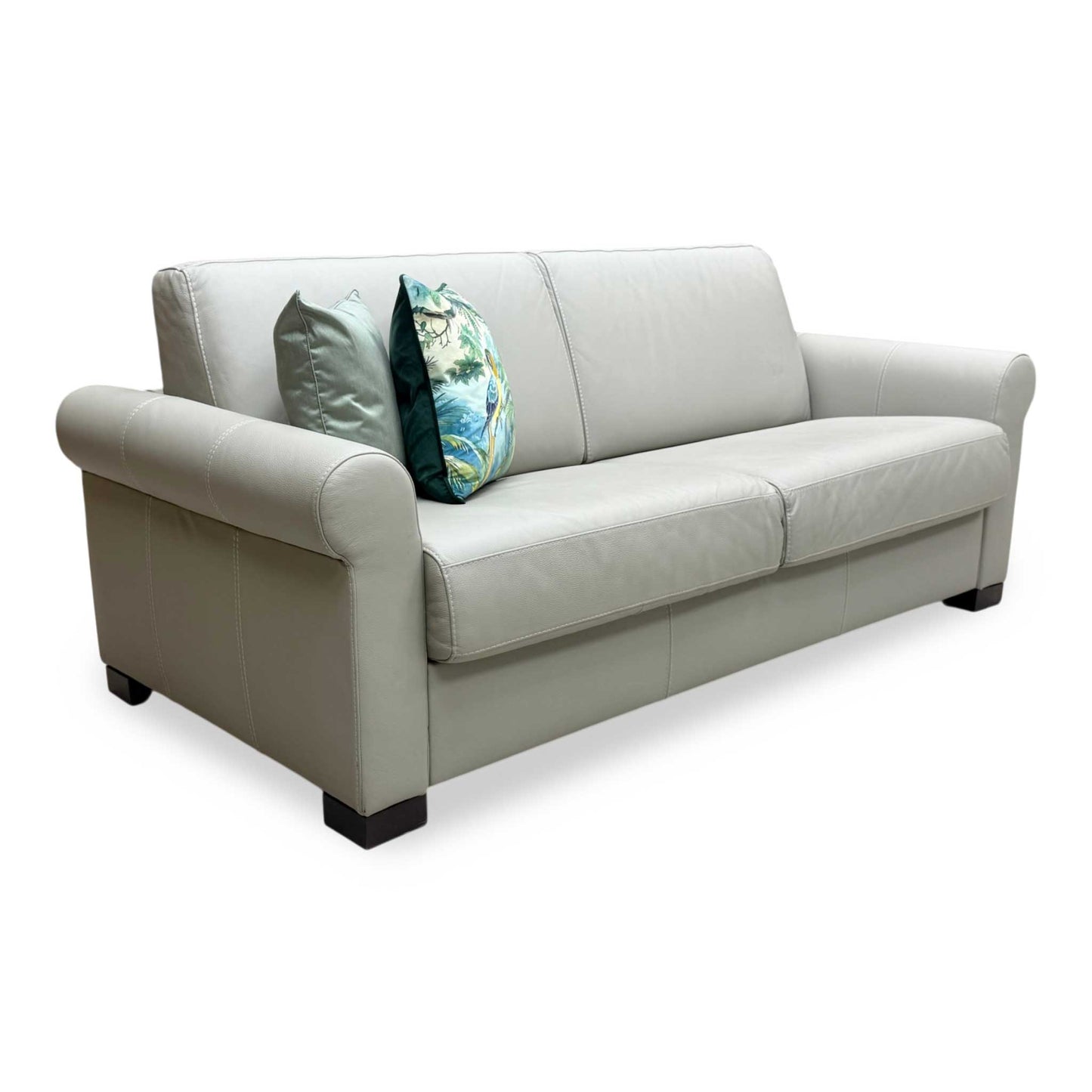 Nicoletti 'Alcova' Torello Tortora Grey Dark Feet Leather 2.5 Seater Sofa Bed with Scroll Arms