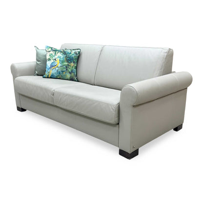 Nicoletti 'Alcova' Torello Tortora Grey Dark Feet Leather 2.5 Seater Sofa Bed with Scroll Arms