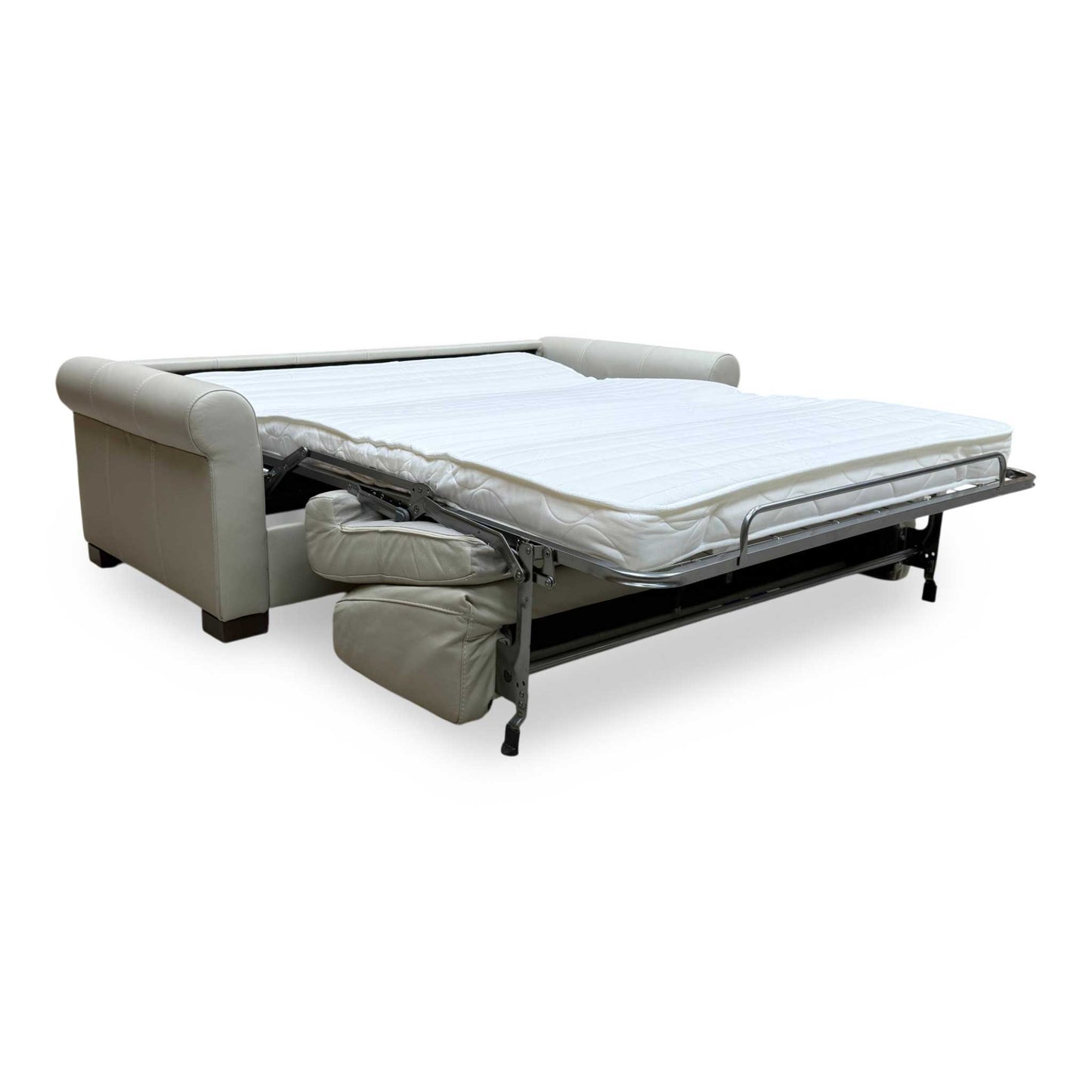 Nicoletti 'Alcova' Torello Tortora Grey Dark Feet Leather 2.5 Seater Sofa Bed with Scroll Arms