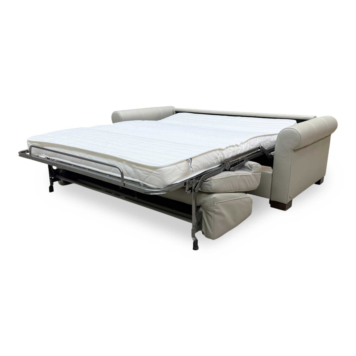 Nicoletti 'Alcova' Torello Tortora Grey Dark Feet Leather 2.5 Seater Sofa Bed with Scroll Arms