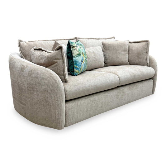 Full view of Portobello 3-seater sofa in stone wicker fabric. A modern, durable, and comfortable living room couch with deep-seated design and supportive cushions.