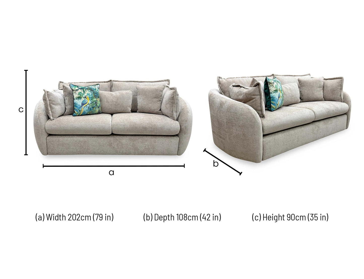 Technical Dimension of the Portobello 3-seater fabric sofa, illustrating the depth of the frame, incline of the scatter cushions, and solid support base.