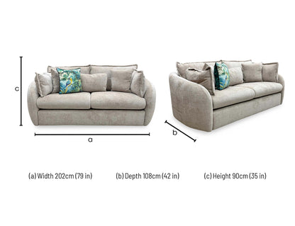 Technical Dimension of the Portobello 3-seater fabric sofa, illustrating the depth of the frame, incline of the scatter cushions, and solid support base.