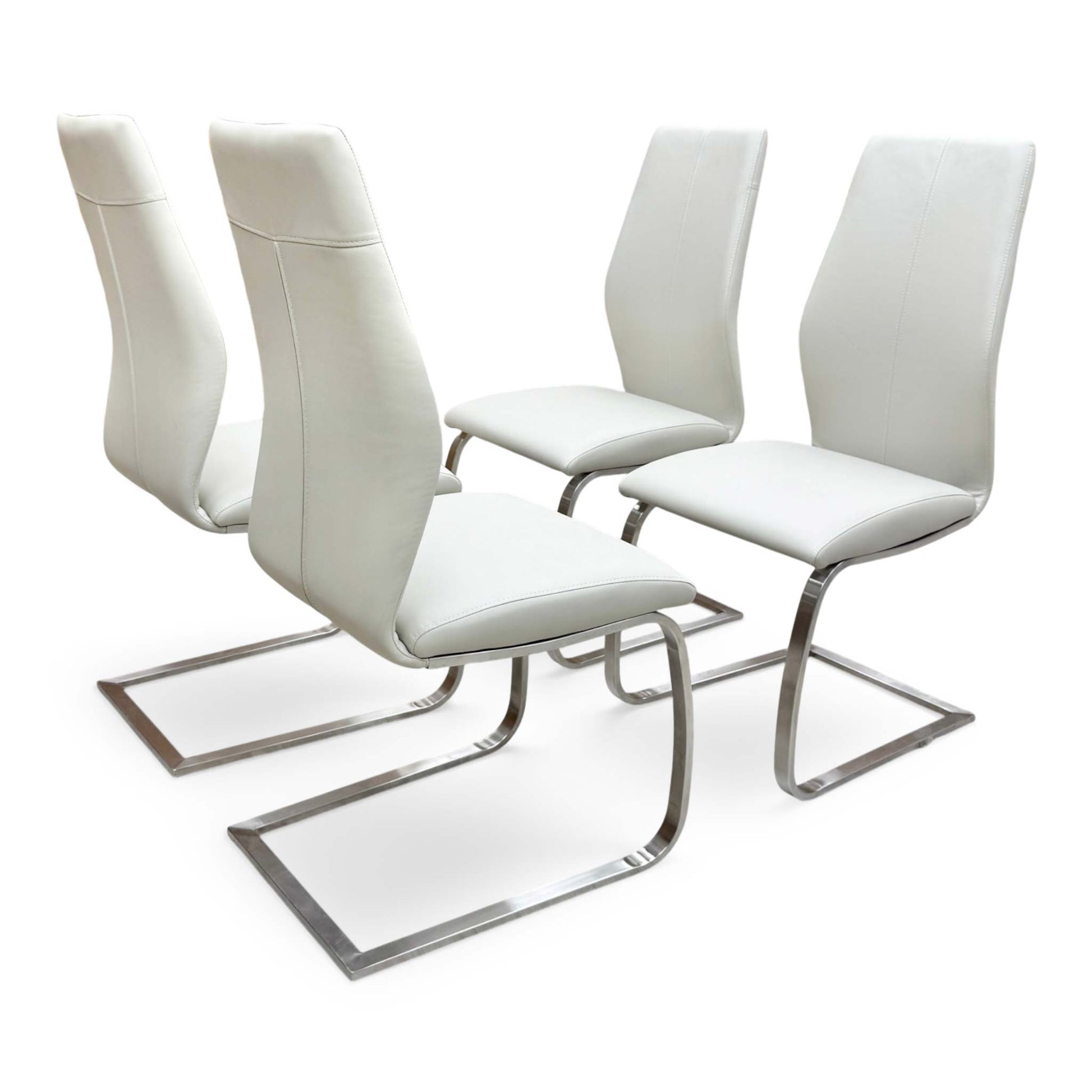 Full view of a set of 4 'Elis' modern cantilever dining chairs in taupe faux leather, featuring a sleek brushed stainless steel C-shaped base.