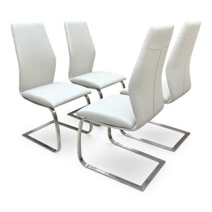 Side view for the Elis taupe dining chairs, highlighting the wipe-clean faux leather upholstery, ergonomic back support, and sturdy cantilever frame.