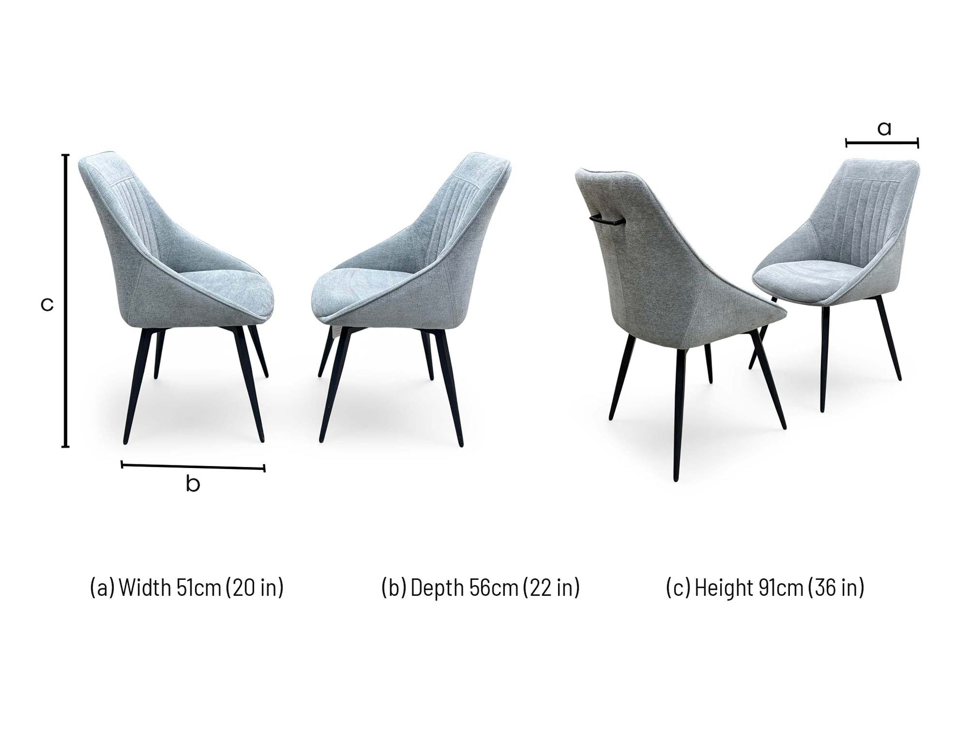 Technical dimension diagram for the Crete Silver Fabric Swivel Dining Chair, detailing total height, seat height, seat width, and base depth.