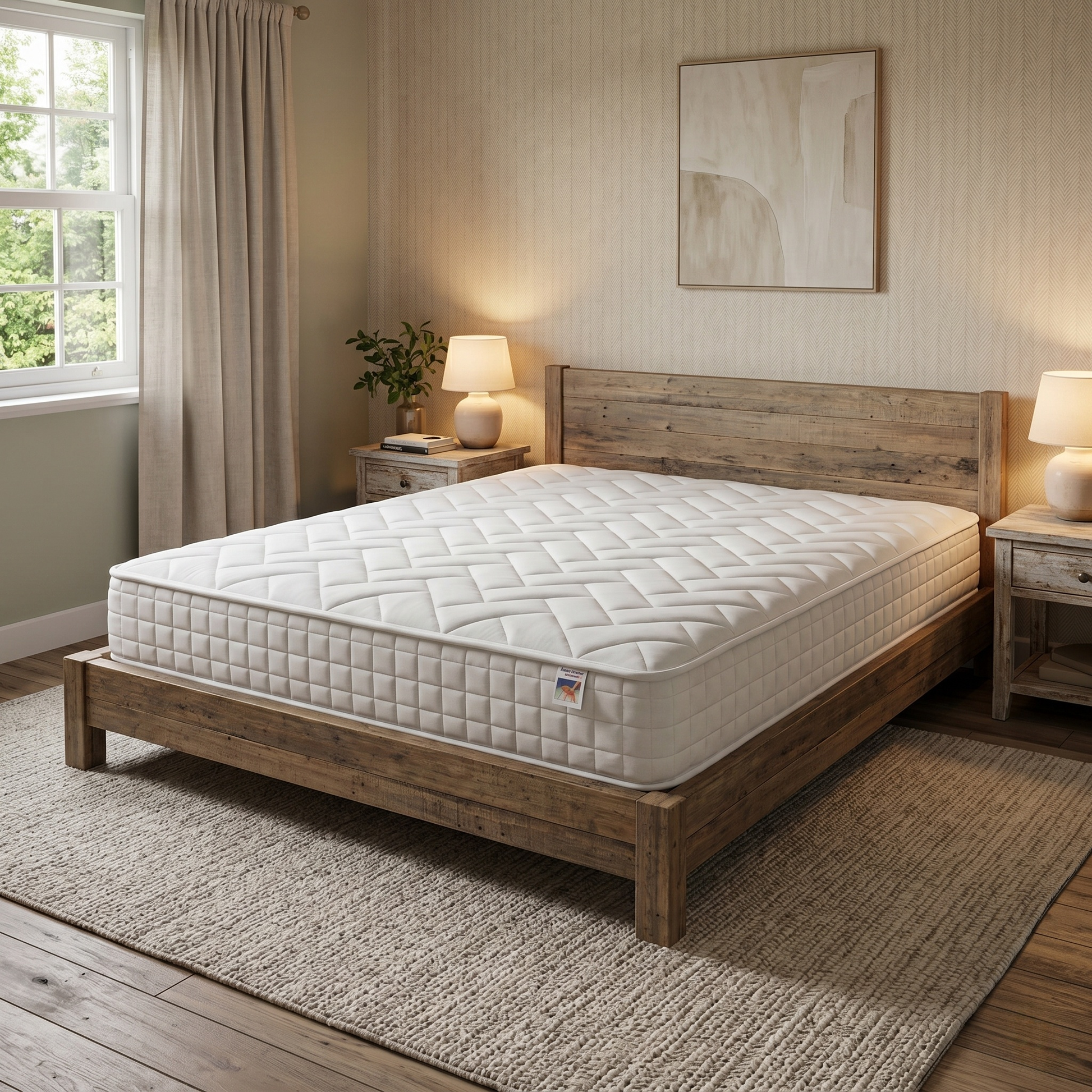 Bedroom view of the Comfort Pocket 1000 double mattress, highlighting the symmetrical tufted mattress surface and plush micro-quilted sleeping panel.