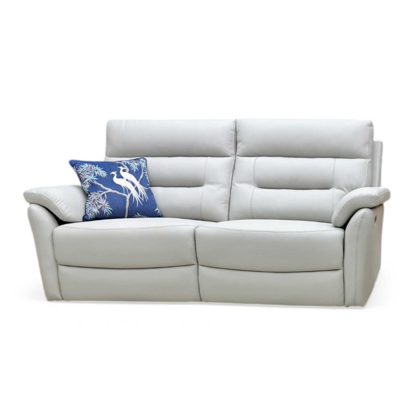 Front view of the Salerno 3-seater power recliner sofa in light grey leather, featuring a contemporary design, padded armrests, and a sleek split-back cushion profile.