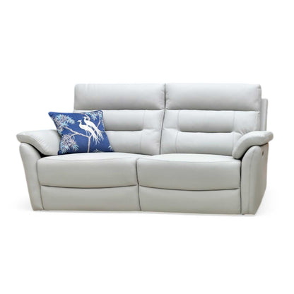 Front view of the Salerno 3-seater power recliner sofa in light grey leather, featuring a contemporary design, padded armrests, and a sleek split-back cushion profile.