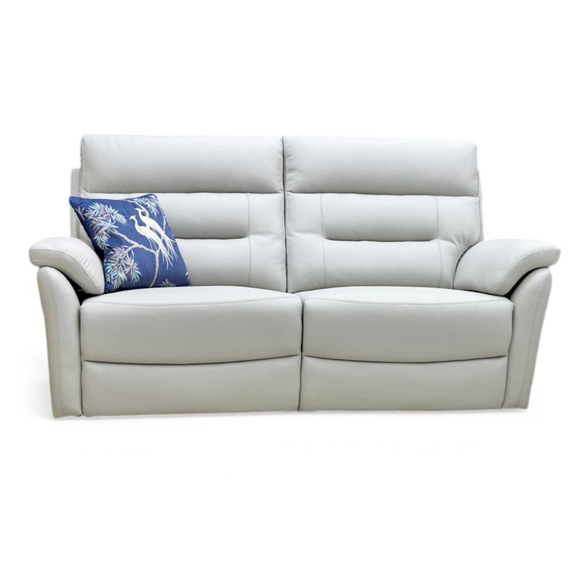 Front view of three-quarter angled view of the Salerno light grey leather power reclining couch, highlighting the detailed stitching panels and modern low-profile structural frame.