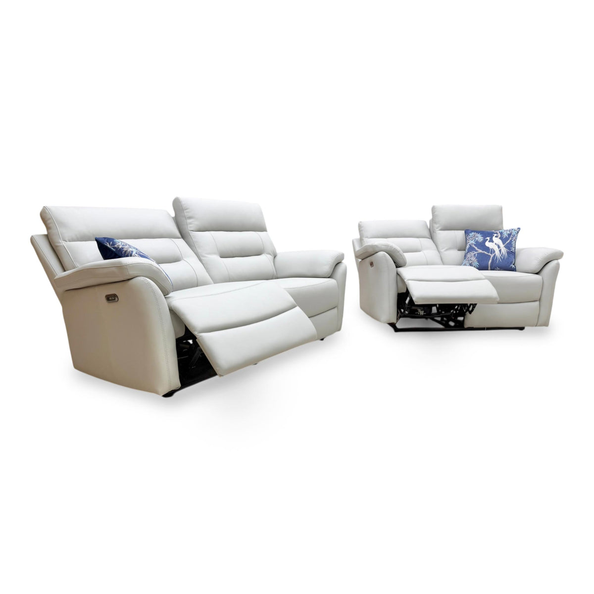 Sally light grey leather 3 + 2 seater power recliner sofa set, angled view with one seat reclined on each sofa