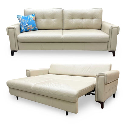 Full View Furniture Village ‘Zoom’ contemporary 3-seater sofa bed, beautifully tailored in premium Dacota Pebble cream leather upholstery.
