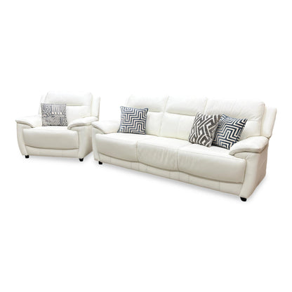 Full view of the World of Leather Touch 3-seater sofa and matching armchair in Star White leather, showcasing a clean, contemporary design with premium stitched panels.