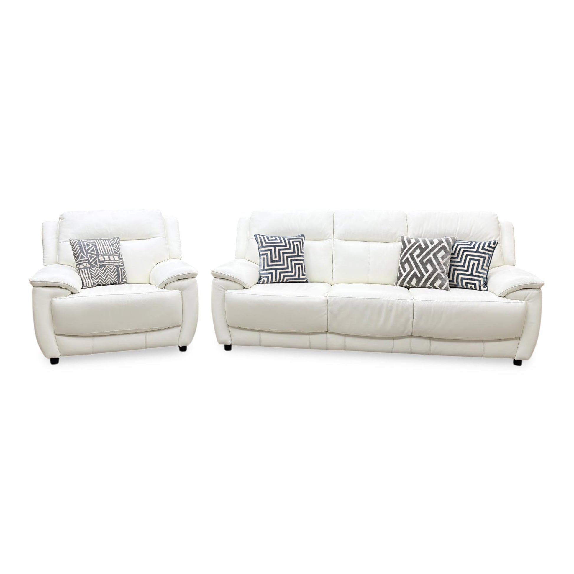 Front view of the Star White leather 3-seater sofa, showing the fully upholstered back panels ideal for floating placement in modern, open-plan living rooms.