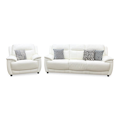 Front view of the Star White leather 3-seater sofa, showing the fully upholstered back panels ideal for floating placement in modern, open-plan living rooms.