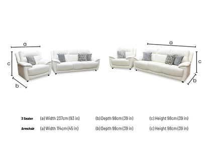 Technical dimension graphic for the World of Leather Touch suite, showing precise frame widths, heights, and depths for both the 3-seater sofa and the armchair.