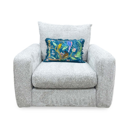 Front-facing view of the Pandora fabric chair, highlighting the generous plush seat cushion, supportive high backrest, and symmetrical tailored profile.