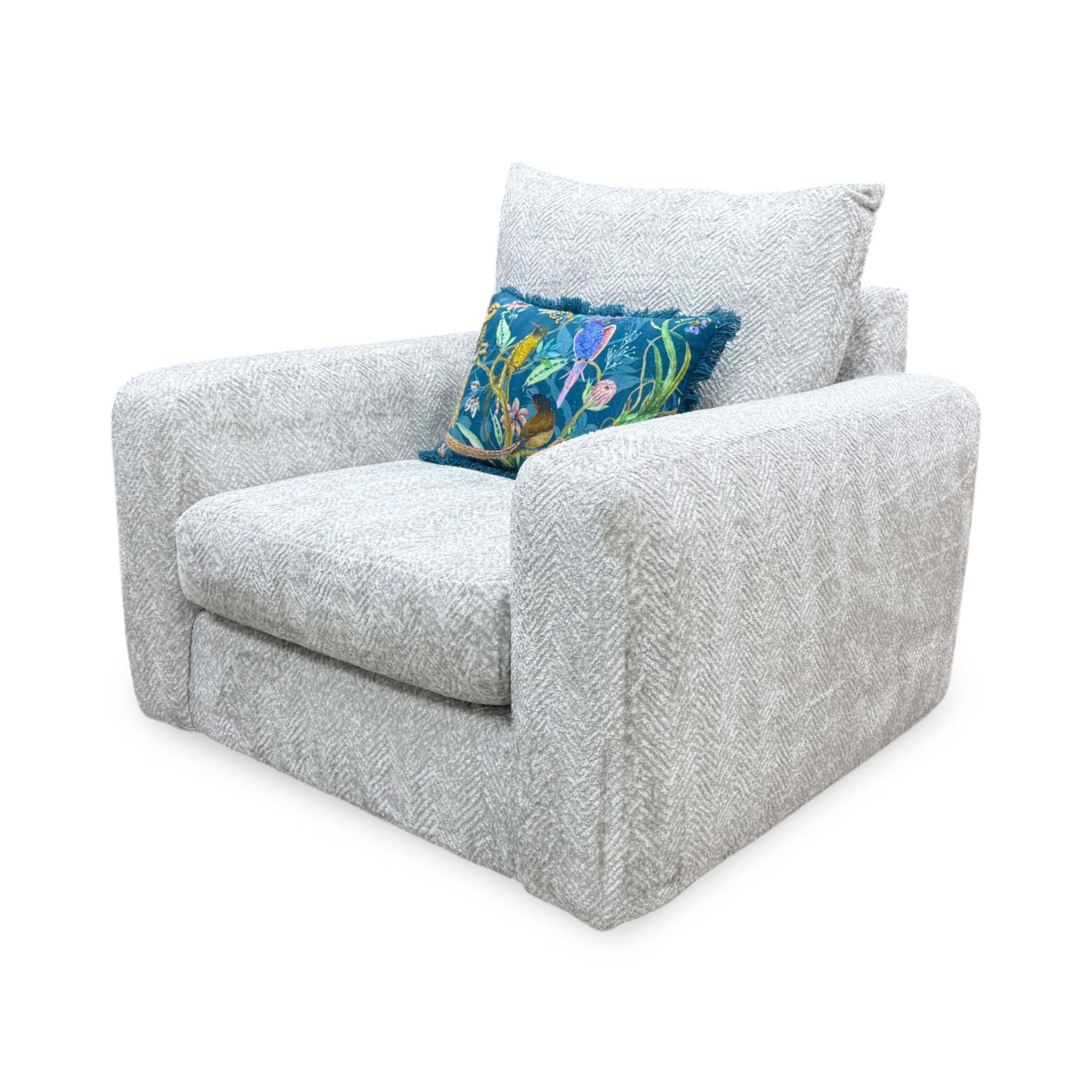 Side perspective profile view of the armchair frame, demonstrating the comfortable deep lounging clearance, neatly integrated armrests, and clean perimeter tailoring lines.