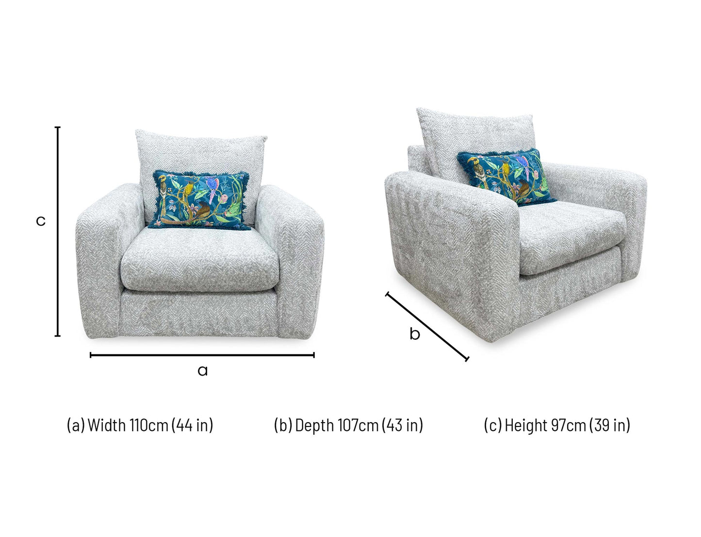 Technical dimensions blueprint and living room space planning layout schematic for the ‘Pandora’ Chevron Silver Fabric Chair.