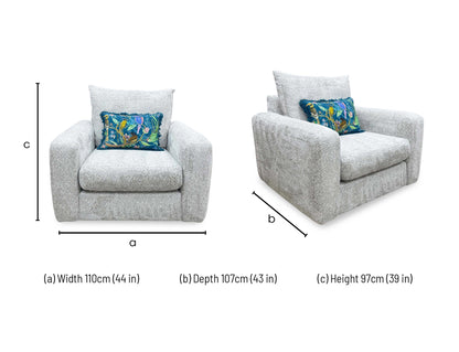 Technical dimensions blueprint and living room space planning layout schematic for the ‘Pandora’ Chevron Silver Fabric Chair.