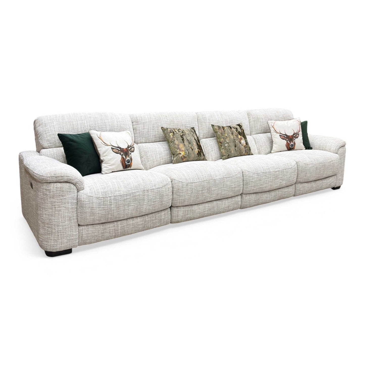 Side view of the Nova XL fabric power recliner sofa, illustrating the frame depth, comfortable armrest padding, and clearance space required for reclining.