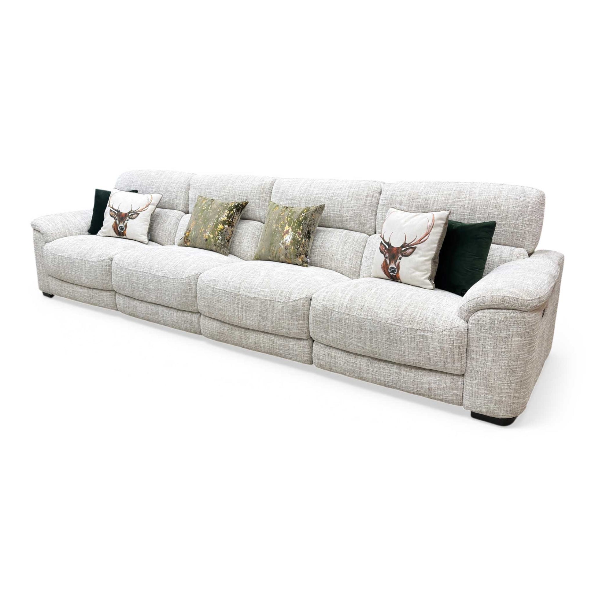 Side view of the Nova XL fabric power recliner sofa, illustrating the frame depth, comfortable armrest padding, and clearance space required for reclining.