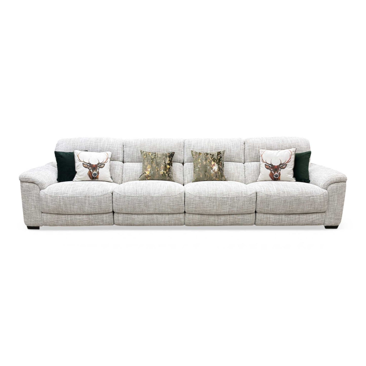The Nova beige fabric XL 4-seater sofa fully reclined, demonstrating the dual electric footrests extended for premium lounging comfort.