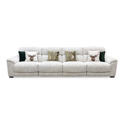 The Nova beige fabric XL 4-seater sofa fully reclined, demonstrating the dual electric footrests extended for premium lounging comfort.