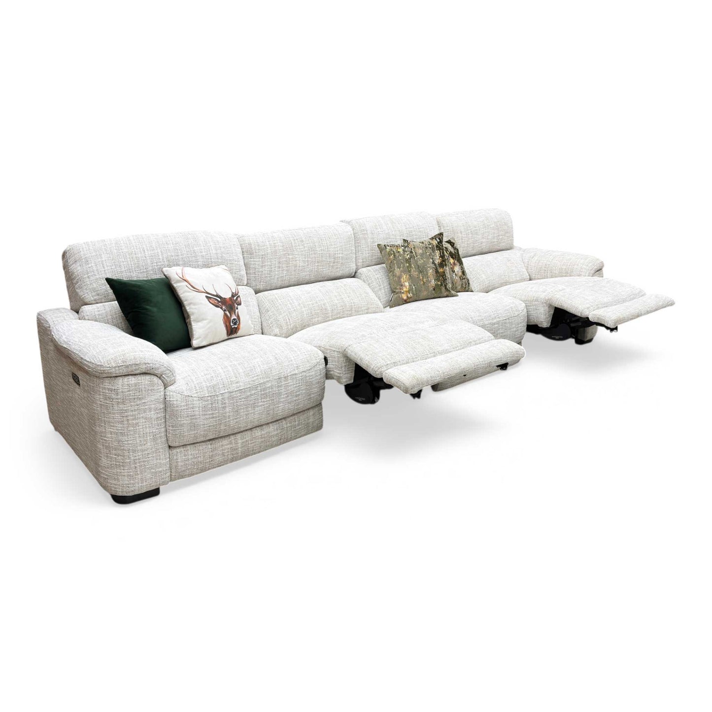 Full view of the Nova XL 4-seater power recliner sofa in beige fabric, showcasing its expansive seating area, contemporary low-profile silhouette, and padded armrests.