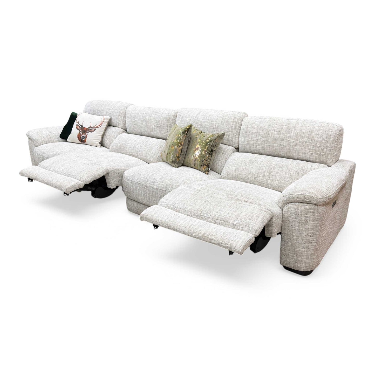 Side view of the Nova XL fabric power recliner sofa, illustrating the frame depth, comfortable armrest padding, and clearance space required for reclining.