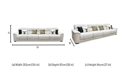 Technical dimension graphic for the Nova XL 4-seater power recliner sofa, indicating the precise extra-large frame width, depth, total height, and extended reclining length.