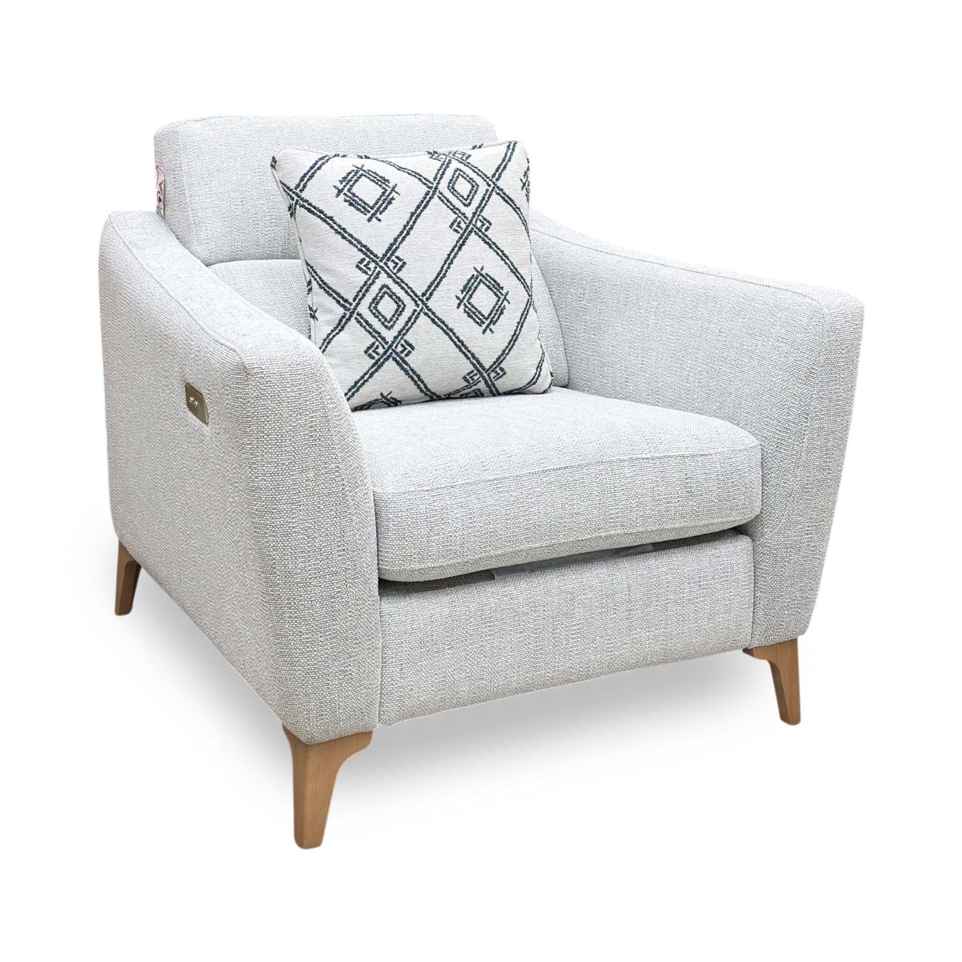 Side view of the Moderna fabric power recliner frame, illustrating the cushion depth, armrest padding thickness, and clearance space required for full reclining.