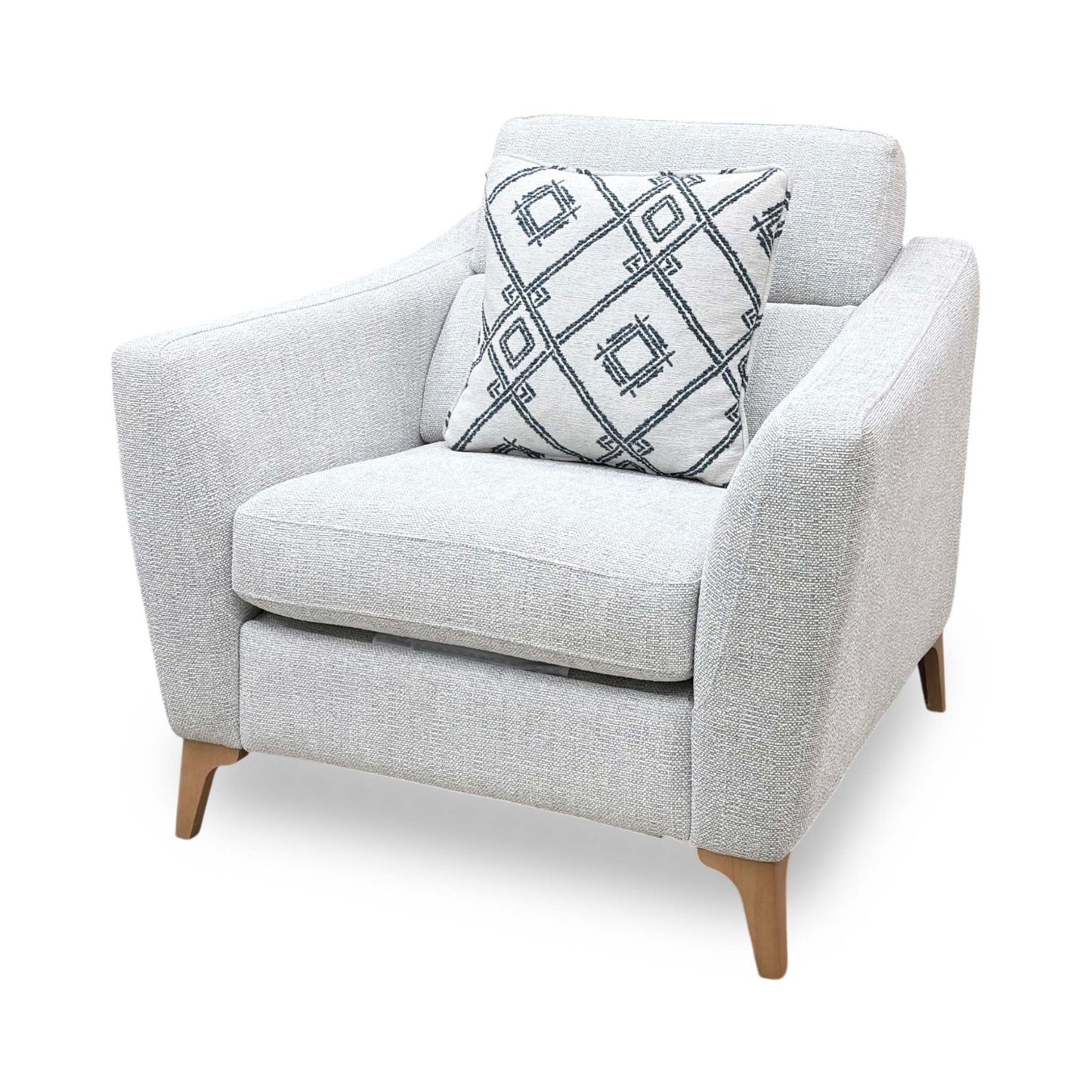 Side view of the Moderna fabric power recliner frame, illustrating the cushion depth, armrest padding thickness, and clearance space required for full reclining.