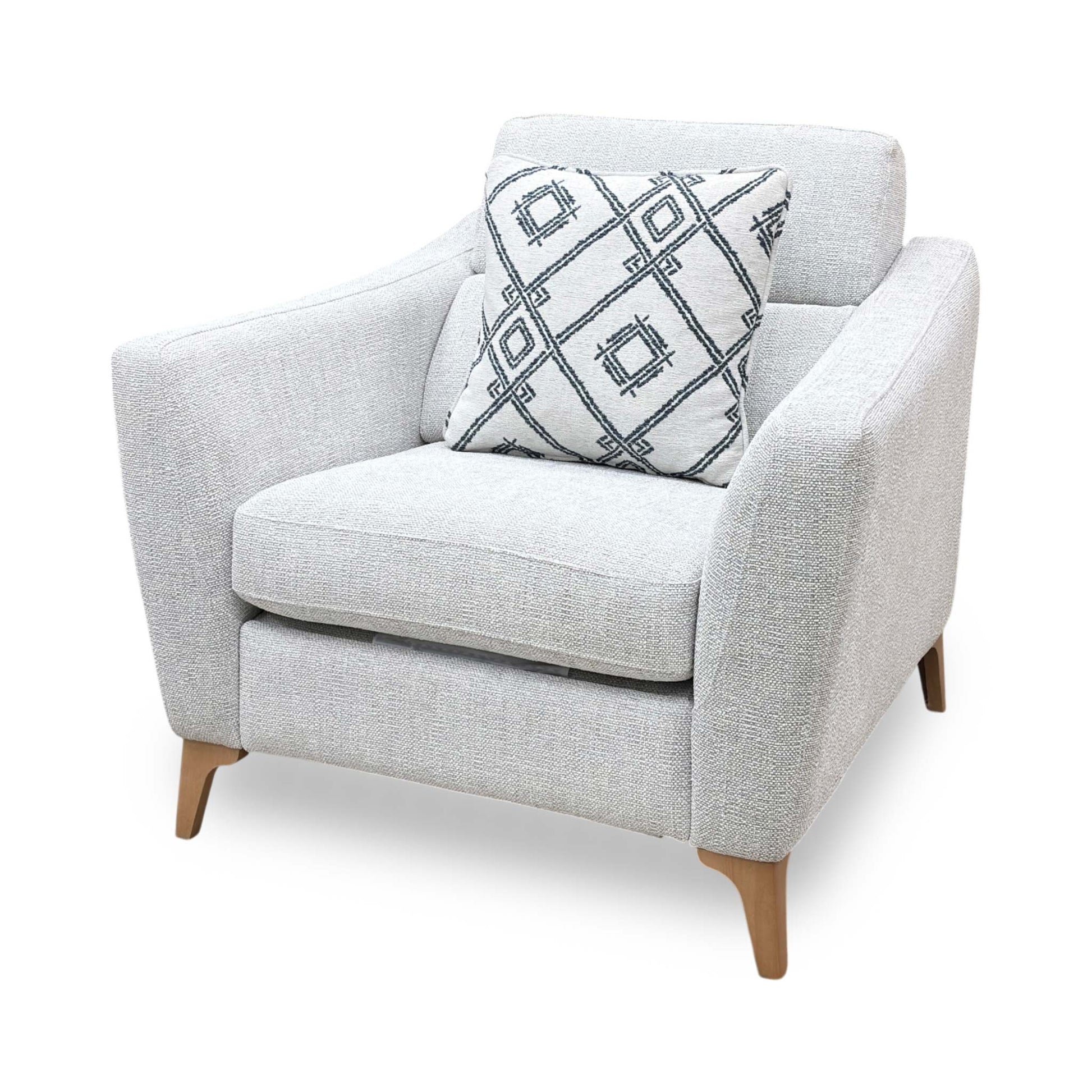 Side view of the Moderna fabric power recliner frame, illustrating the cushion depth, armrest padding thickness, and clearance space required for full reclining.