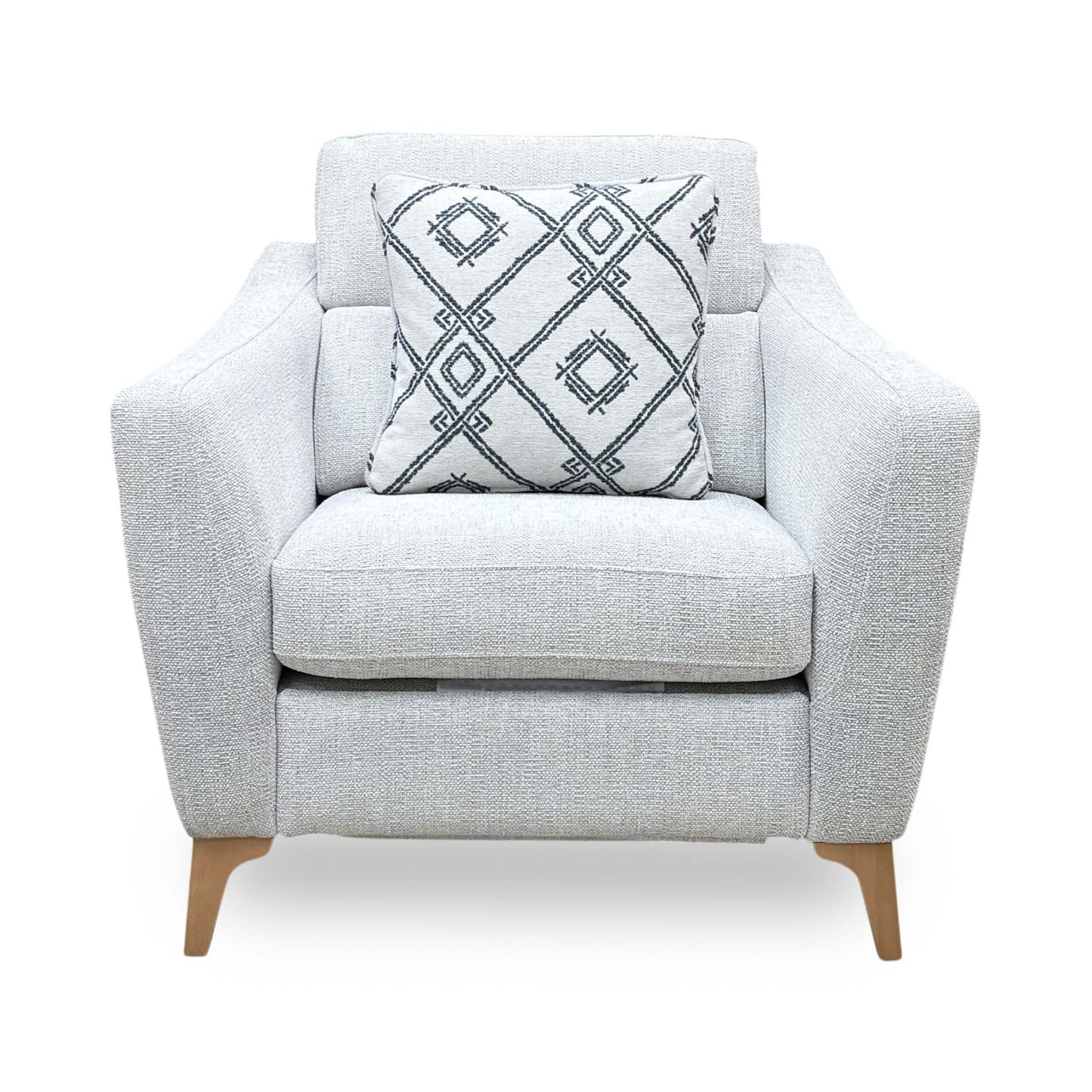 Front view of the Moderna pearl grey armchair, showing the clean, fully upholstered fabric back panels and neat power cord connection setup.