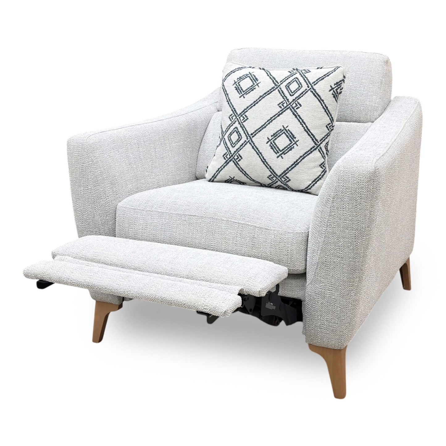 Side view of the Moderna fabric power recliner frame, illustrating the cushion depth, armrest padding thickness, and clearance space required for full reclining.