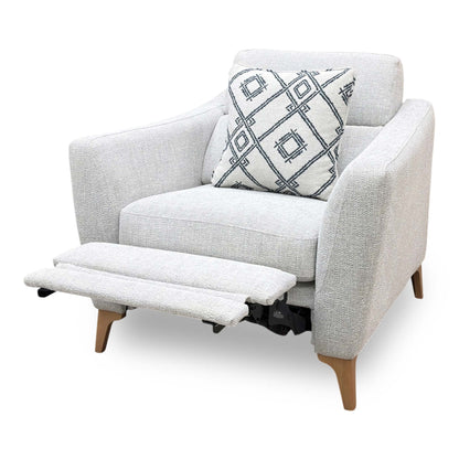 Side view of the Moderna fabric power recliner frame, illustrating the cushion depth, armrest padding thickness, and clearance space required for full reclining.