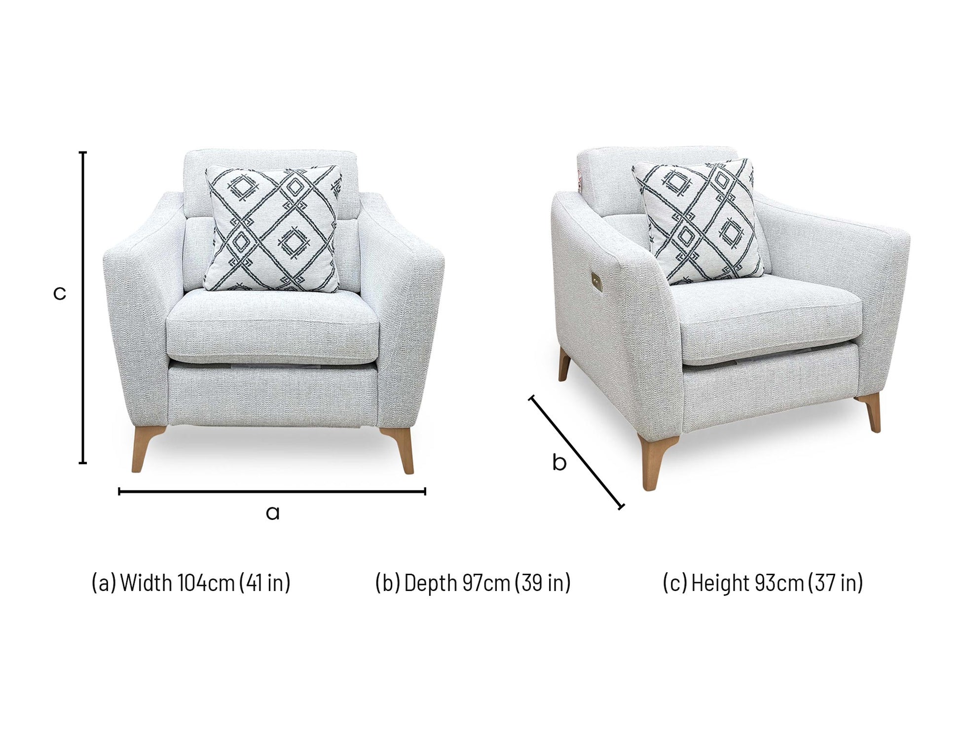 Technical dimension graphic for the Moderna power recliner chair, indicating the precise frame width, total height, seating depth, and fully extended reclining length.