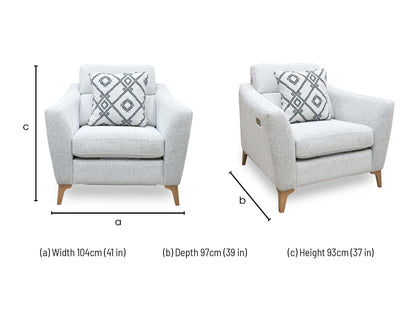 Technical dimension graphic for the Moderna power recliner chair, indicating the precise frame width, total height, seating depth, and fully extended reclining length.