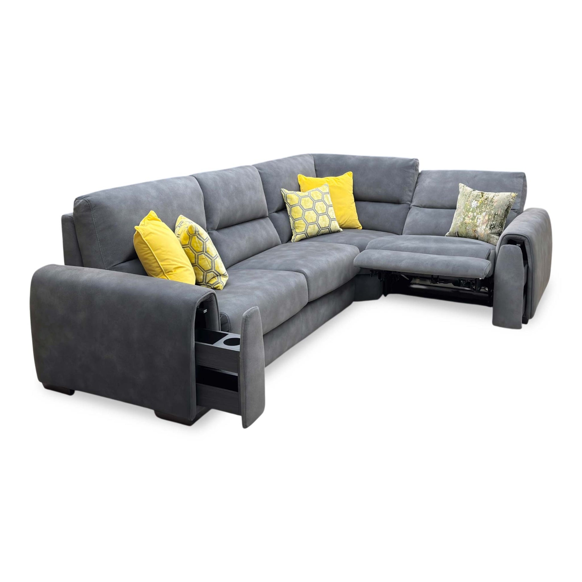 Side profile view of the Flex corner sofa, illustrating the depth of the chaise lounge section, supportive armrest cushioning, and sleek low-profile feet.