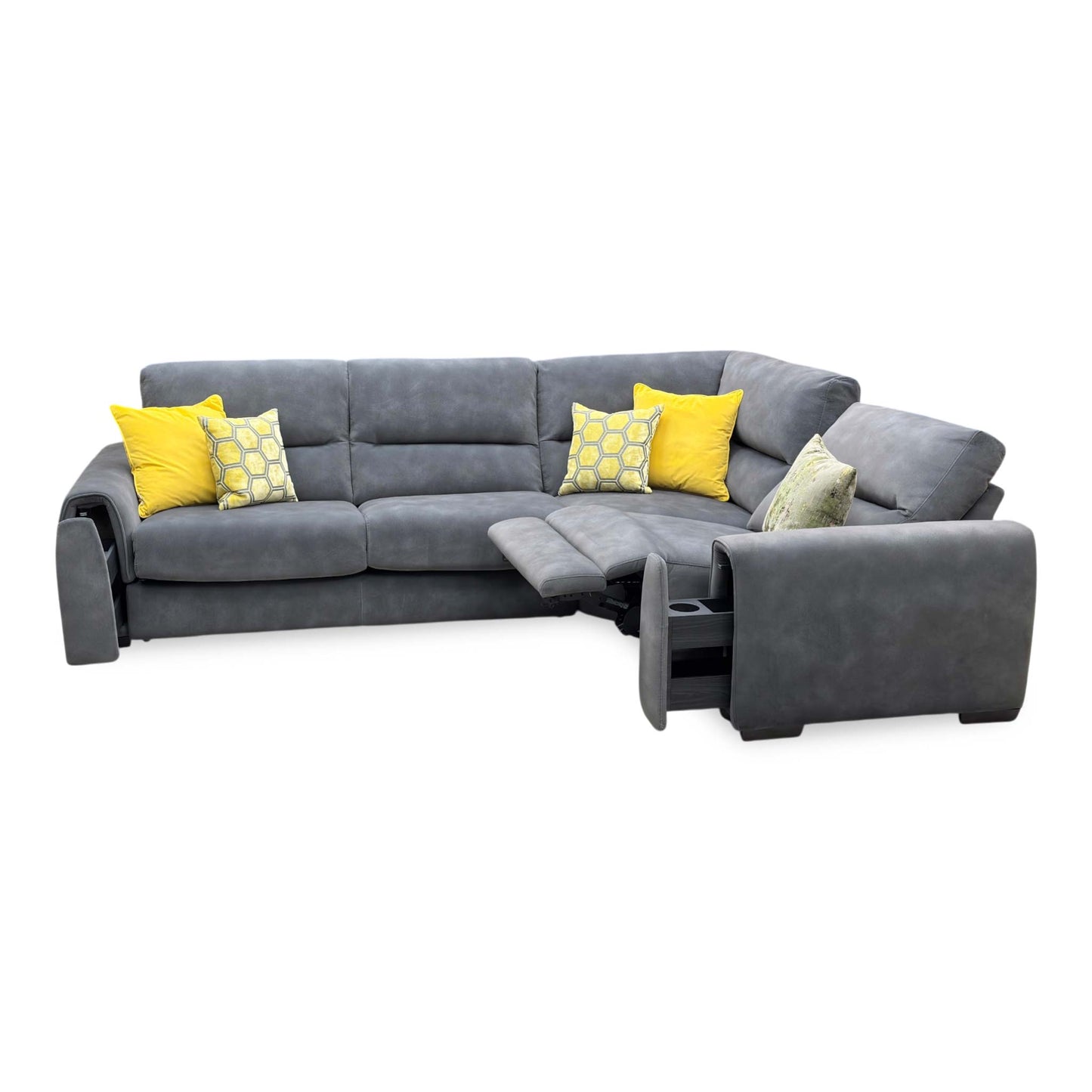 Side profile view of the Flex corner sofa, illustrating the depth of the chaise lounge section, supportive armrest cushioning, and sleek low-profile feet.