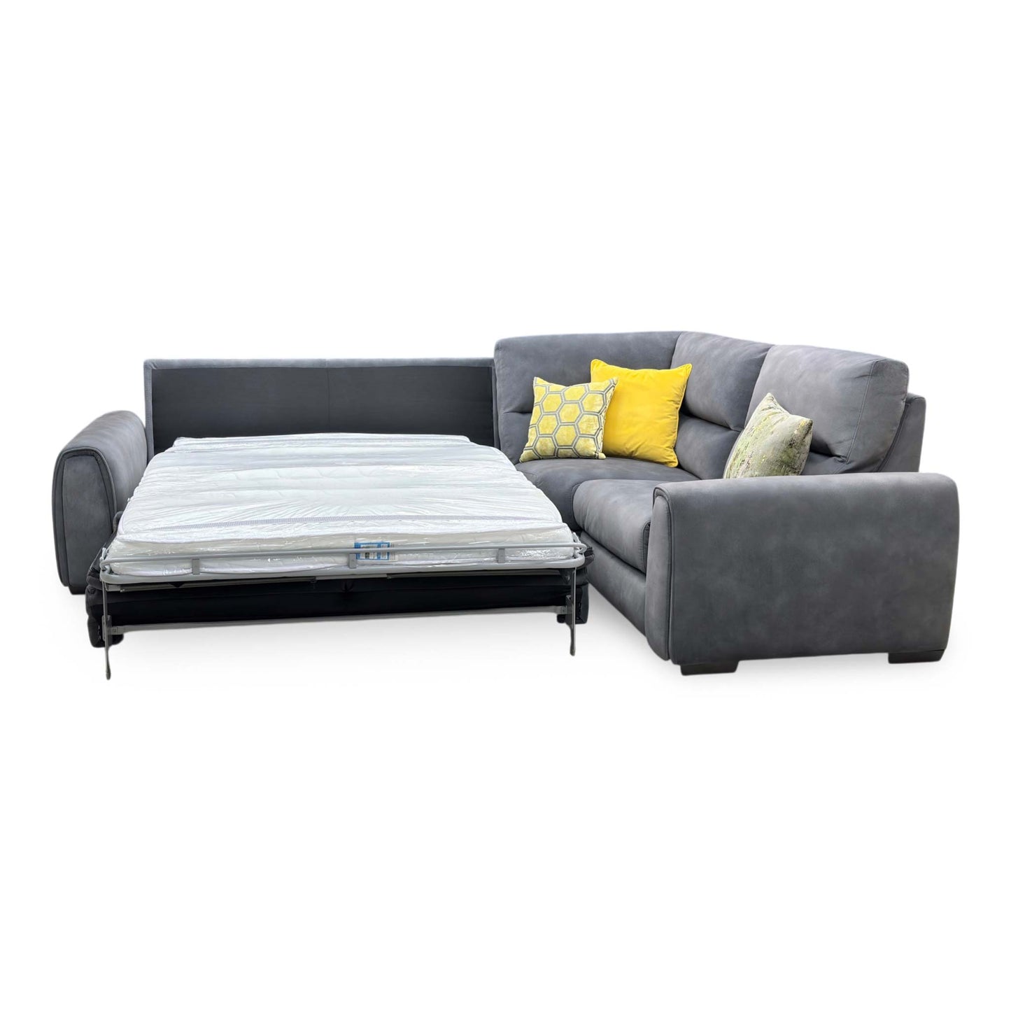 Side profile view of the Flex corner sofa, illustrating the depth of the chaise lounge section, supportive armrest cushioning, and sleek low-profile feet.