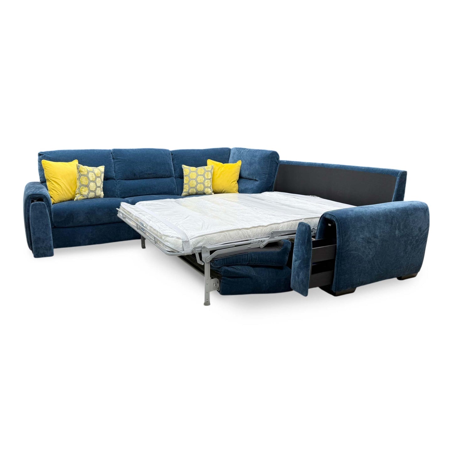 'Flex' Fab-Can-R330 Steel Blue Fabric Large Corner Sofa Bed with Storage Arms