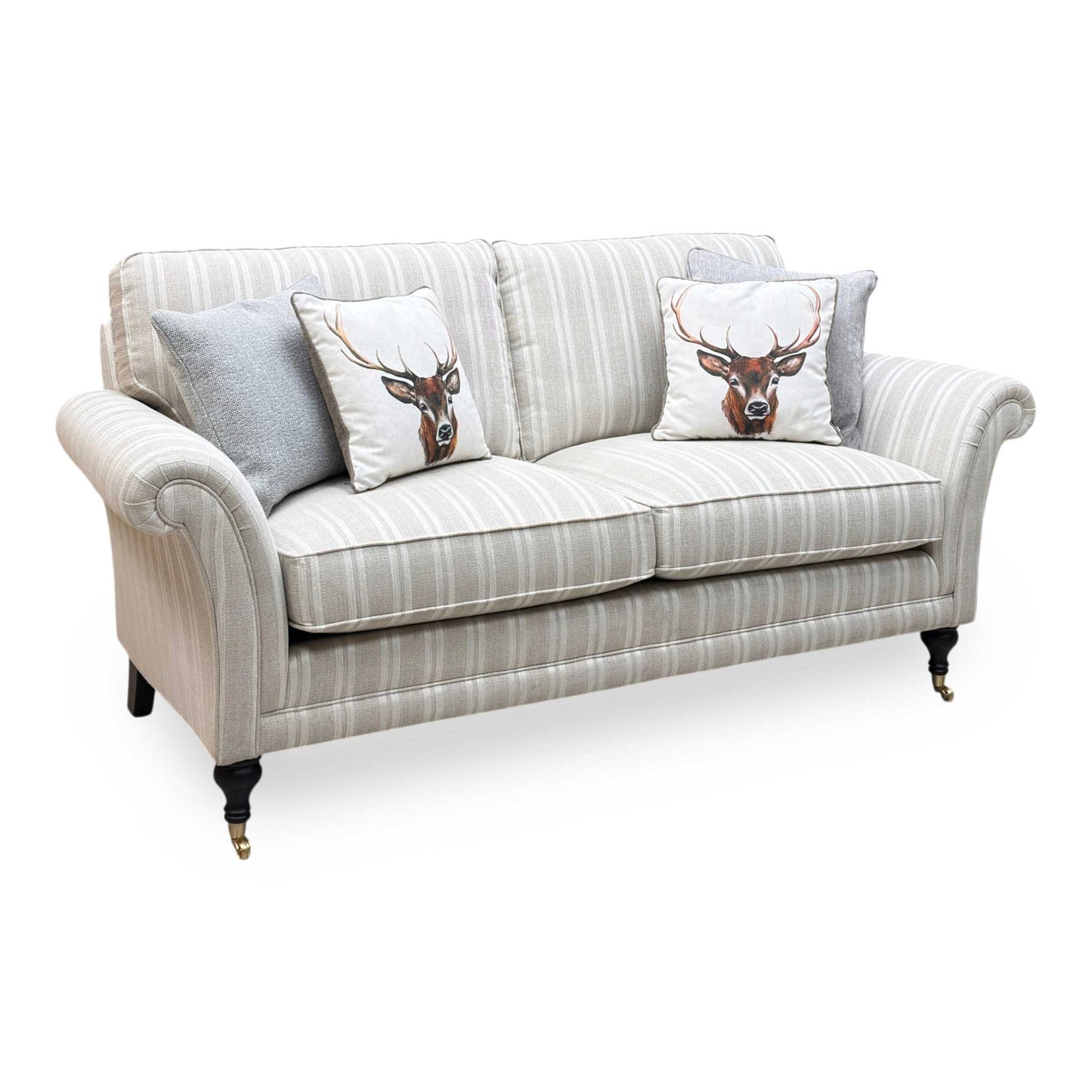 Full view of the Parker Knoll Burghley large 2-seater sofa in Austen Stripe Oatmeal fabric, showcasing its classic scroll arms, elegant formal back, and timeless striped pattern.