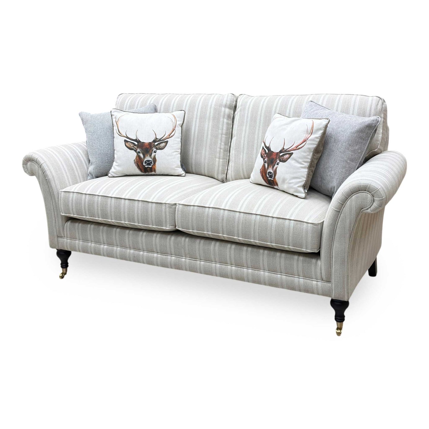 Side view of the Parker Knoll Burghley large 2-seater couch, illustrating the sweep of the scroll armrests, supportive backrest rake, and structural frame depth.