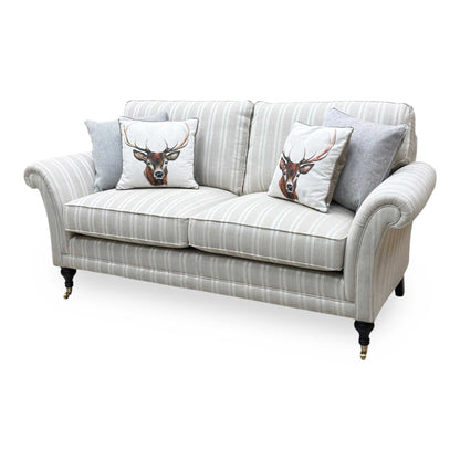 Side view of the Parker Knoll Burghley large 2-seater couch, illustrating the sweep of the scroll armrests, supportive backrest rake, and structural frame depth.