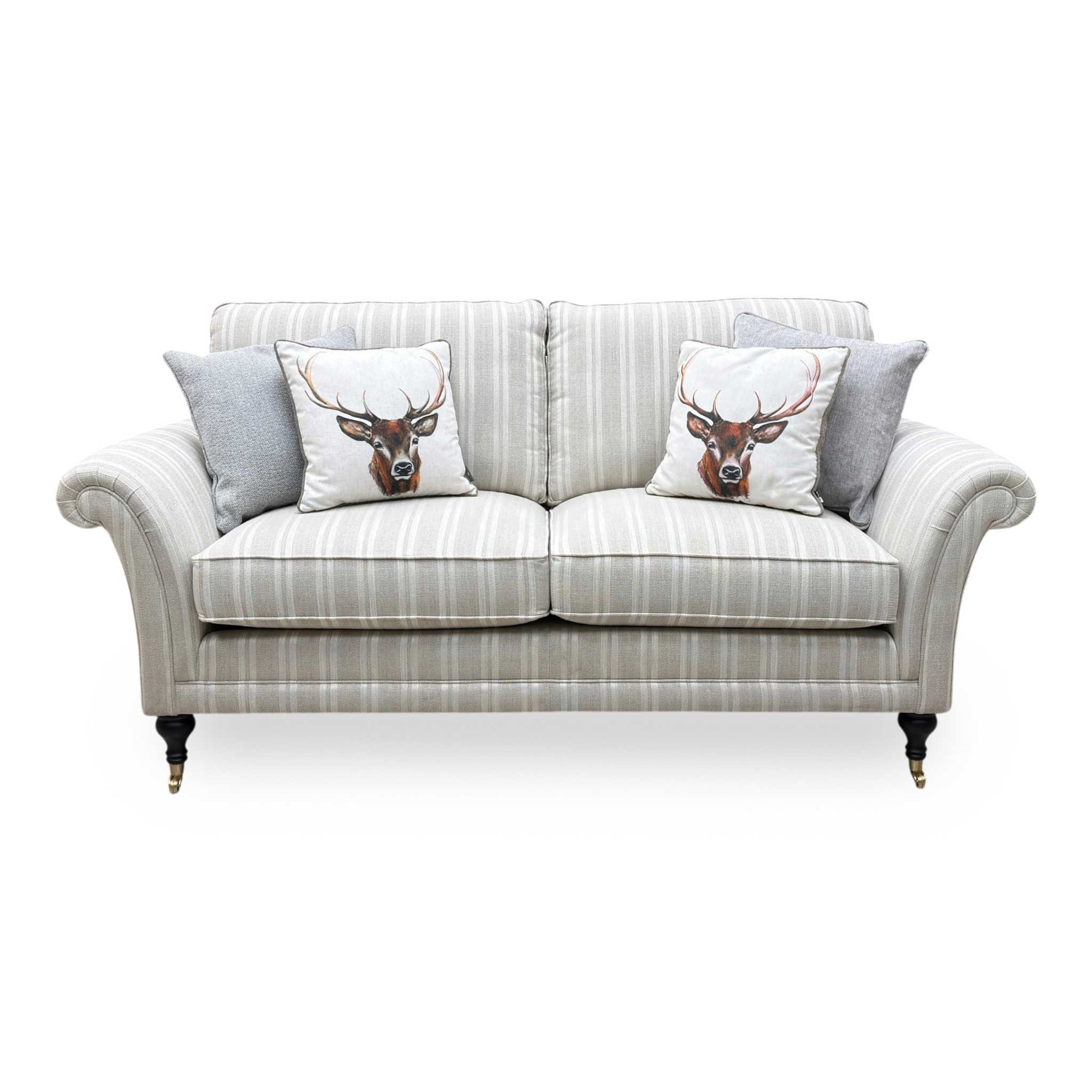 Front view of the Parker Knoll Burghley large 2-seater sofa in Austen Stripe Oatmeal fabric, showcasing its classic scroll arms, elegant formal back, and timeless striped pattern.