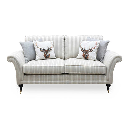 Front view of the Parker Knoll Burghley large 2-seater sofa in Austen Stripe Oatmeal fabric, showcasing its classic scroll arms, elegant formal back, and timeless striped pattern.